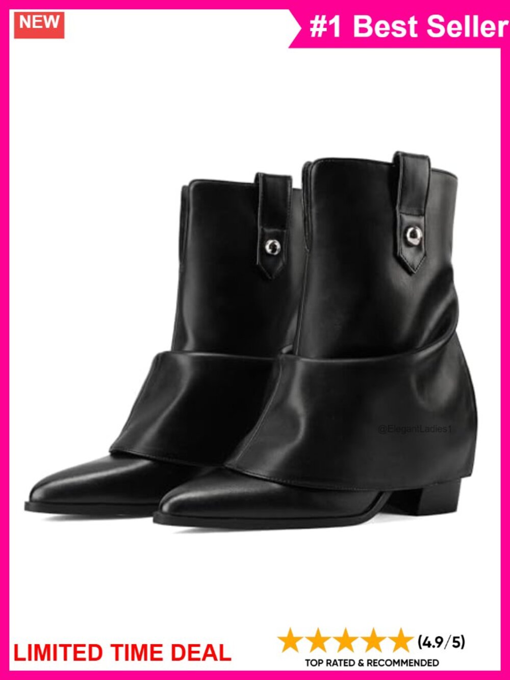 Pointed Toe Chunky Heel Folded Ankle Boots Faux Leather Block Heel